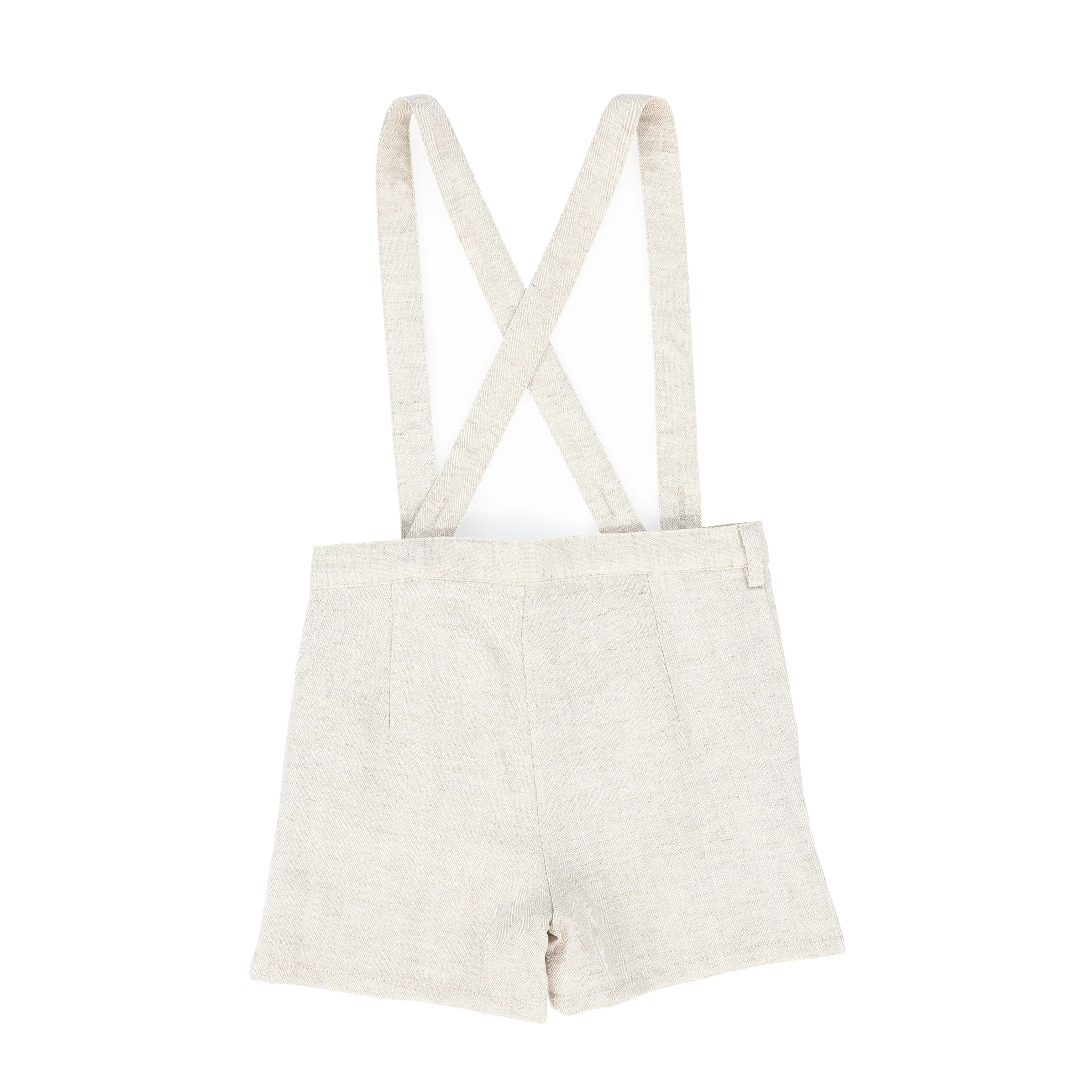 BACE COLLECTION BEIGE LINEN HERRINGBONE SUSPENDER SHORTS [FINAL SALE] - Image 2