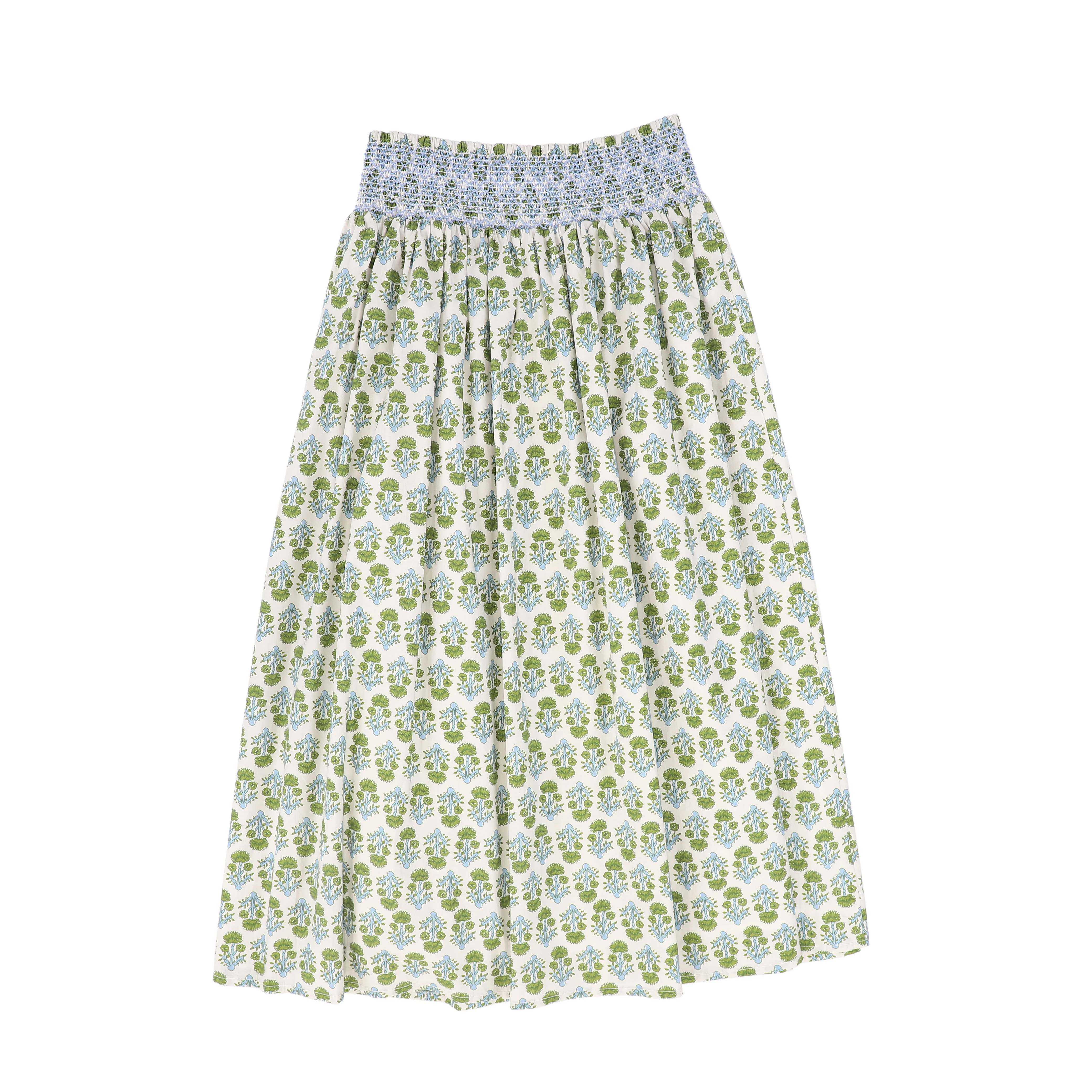 BAMBOO GREEN/BLUE FLOWER PRINT SMOCK SKIRT [FINAL SALE] - Image 2