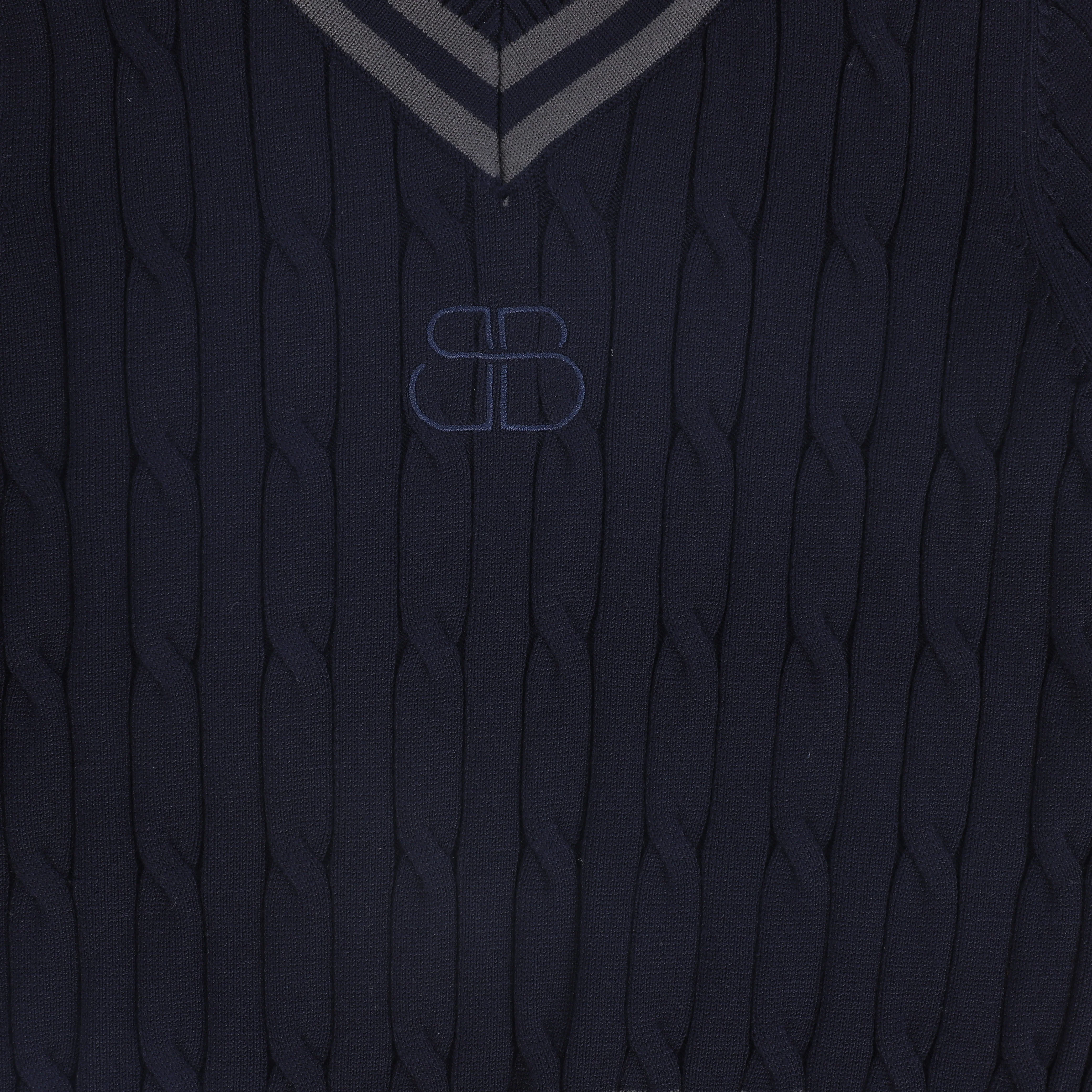 BAMBOO NAVY CABLE KNIT STRIPE TRIM SWEATER [FINAL SALE] - Image 3