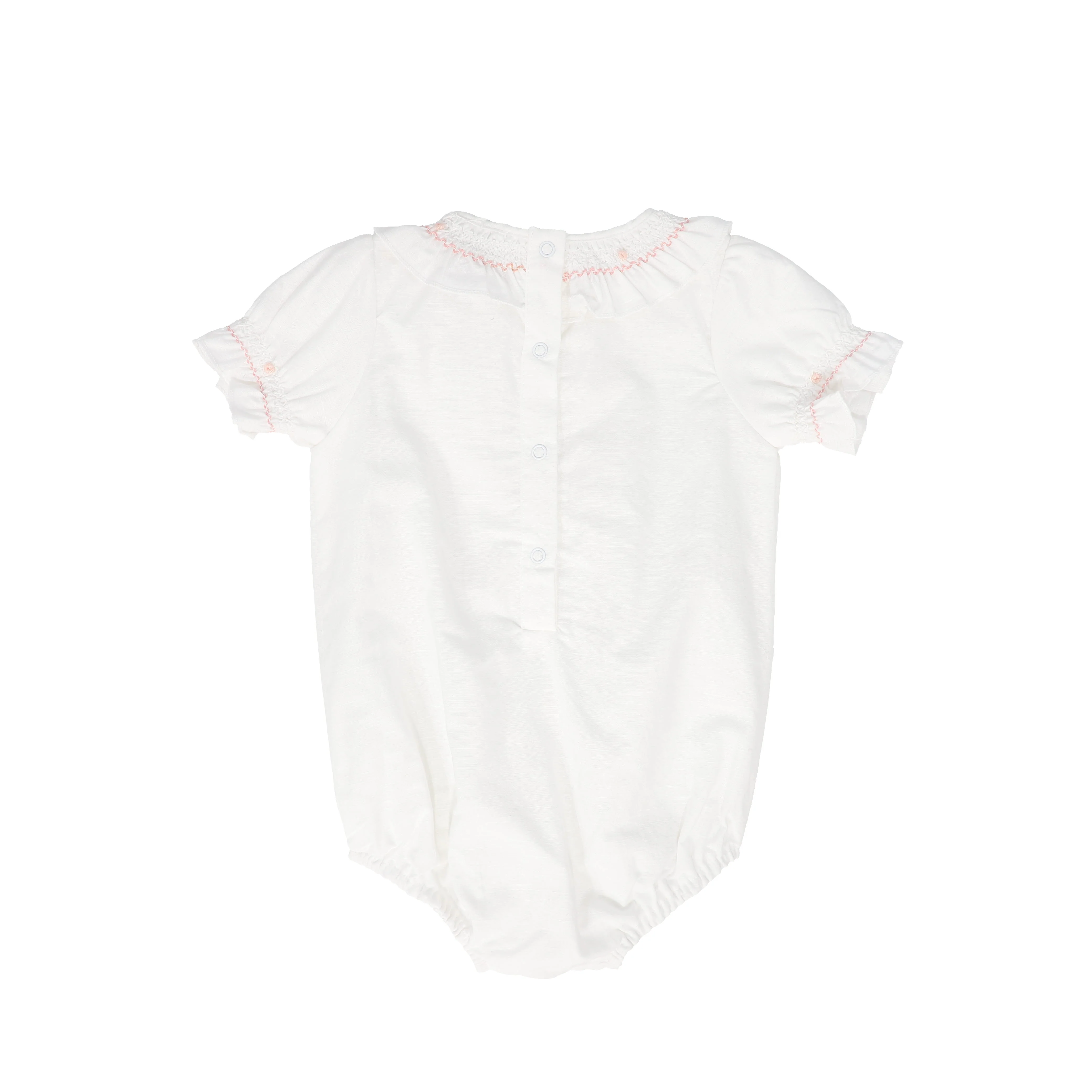 BAMBOO WHITE SMOCKED RUFFLE TRIM ROMPER [FINAL SALE] - Image 2