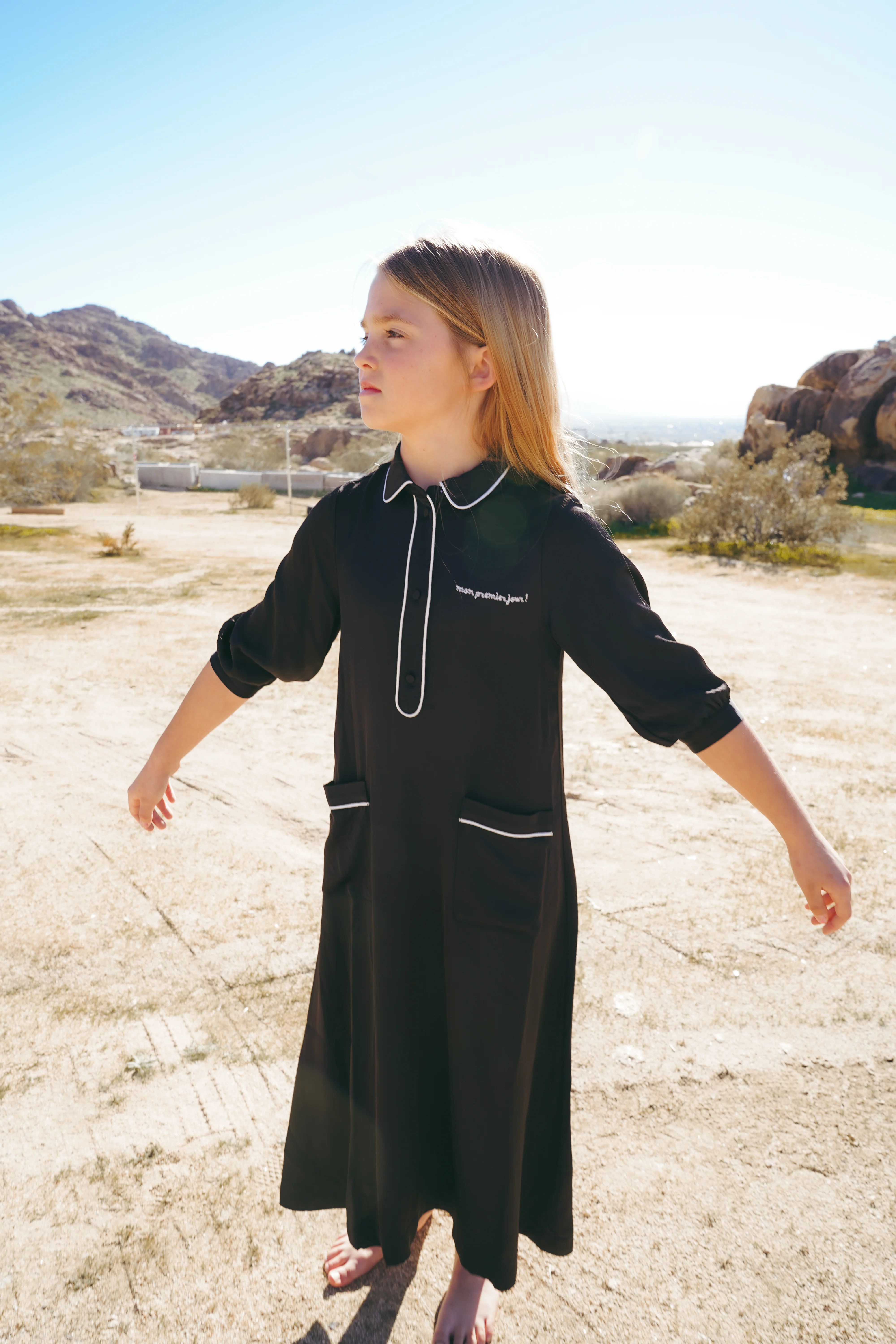 COCO BLANC BLACK SILK PIPED TRIM SHIRT DRESS [FINAL SALE] - Image 4