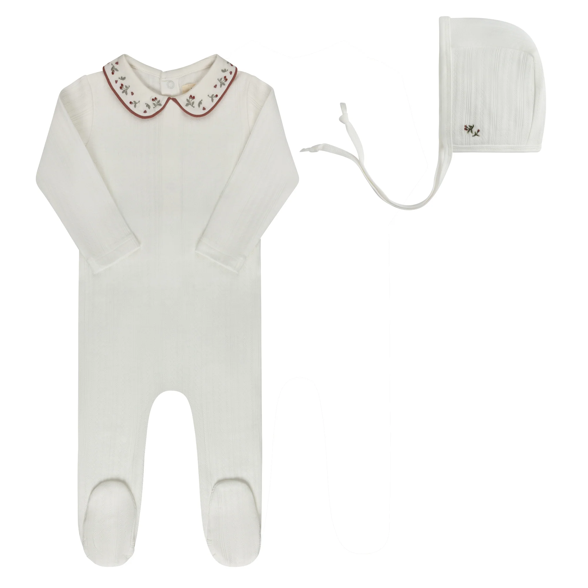 ELYS & CO IVORY/PINK FLORAL EMBROIDERED FOOTIE + BONNET