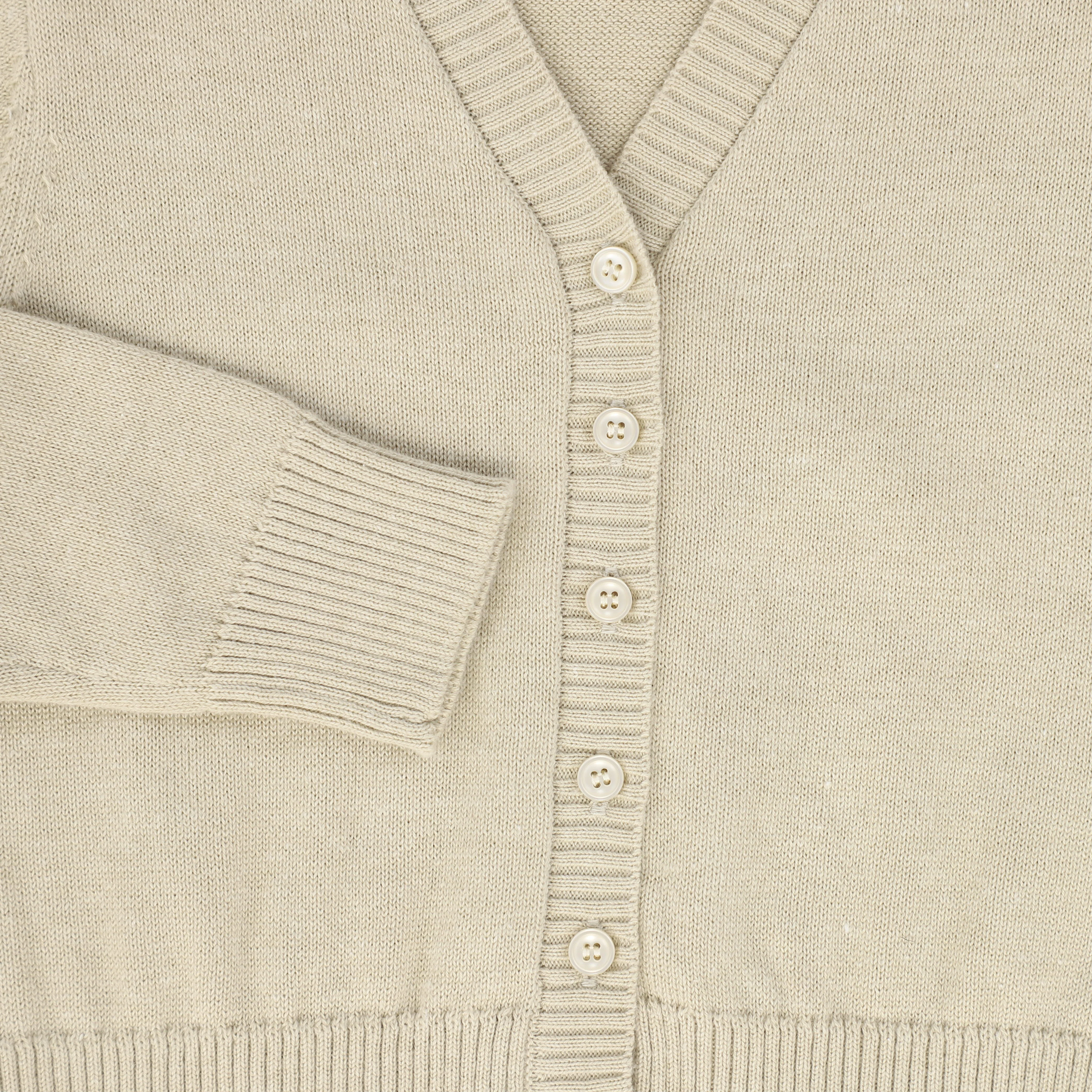 LE BOURDON TAN V-NECK FINE KNIT RIBBED TRIM CARDIGAN [FINAL SALE] - Image 3