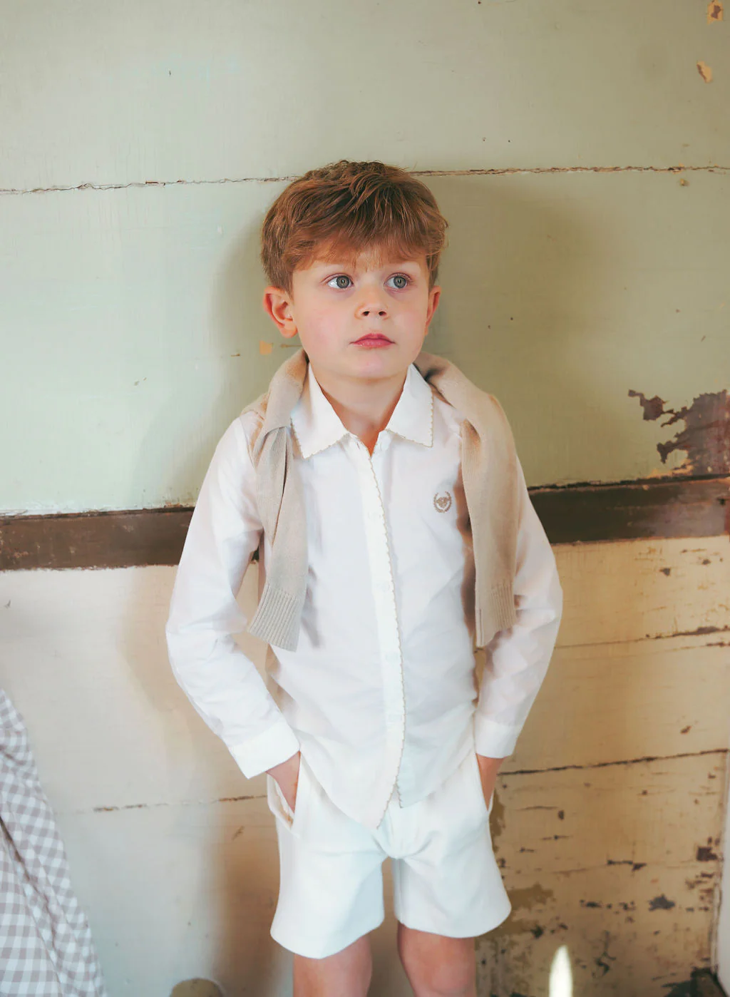 LE BOURDON WHITE/TAN SCALLOP STITCH BLOUSE [FINAL SALE] - Image 4