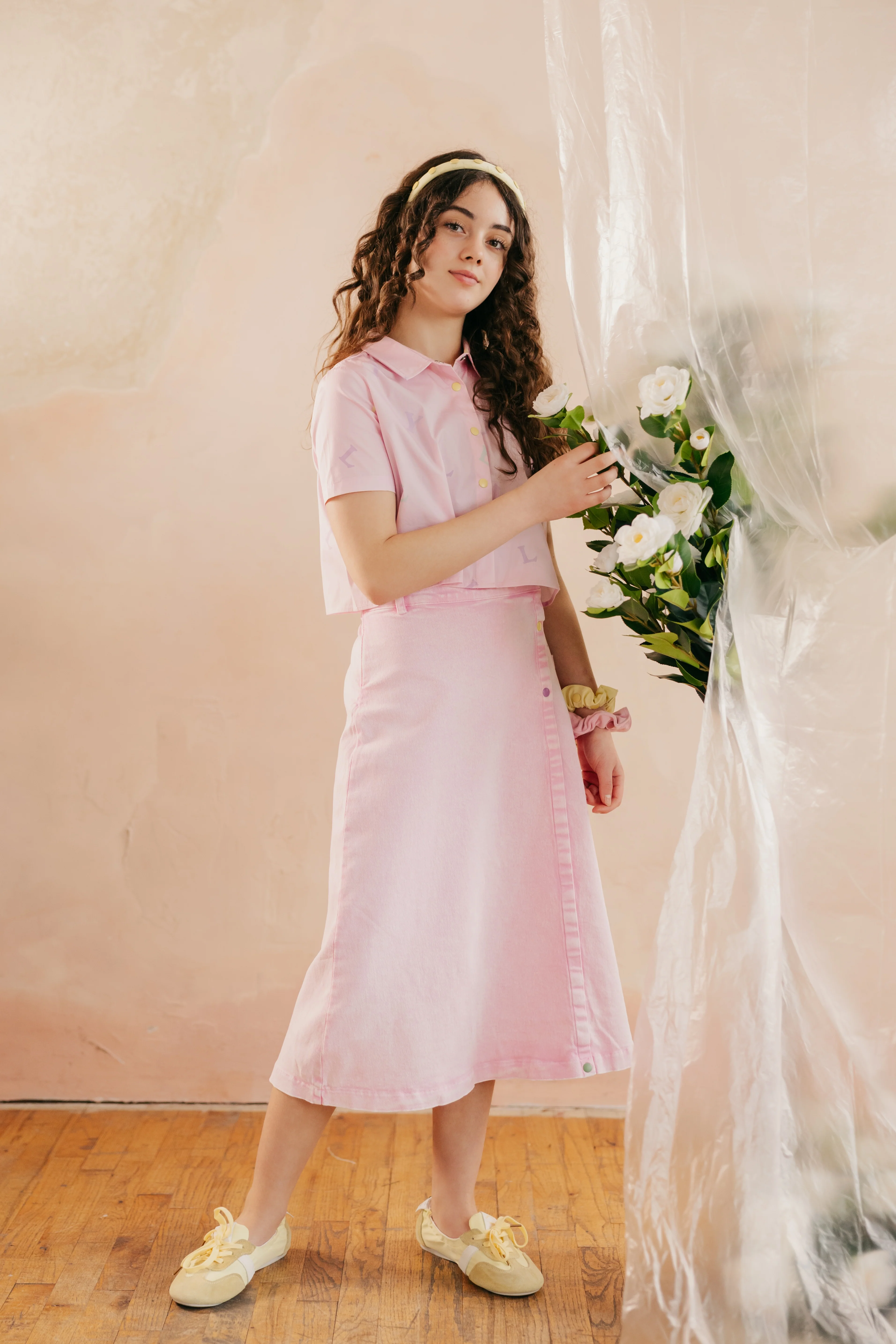 LIMITED EDITION PINK DENIM SNAP TRIM SKIRT [FINAL SALE] - Image 2