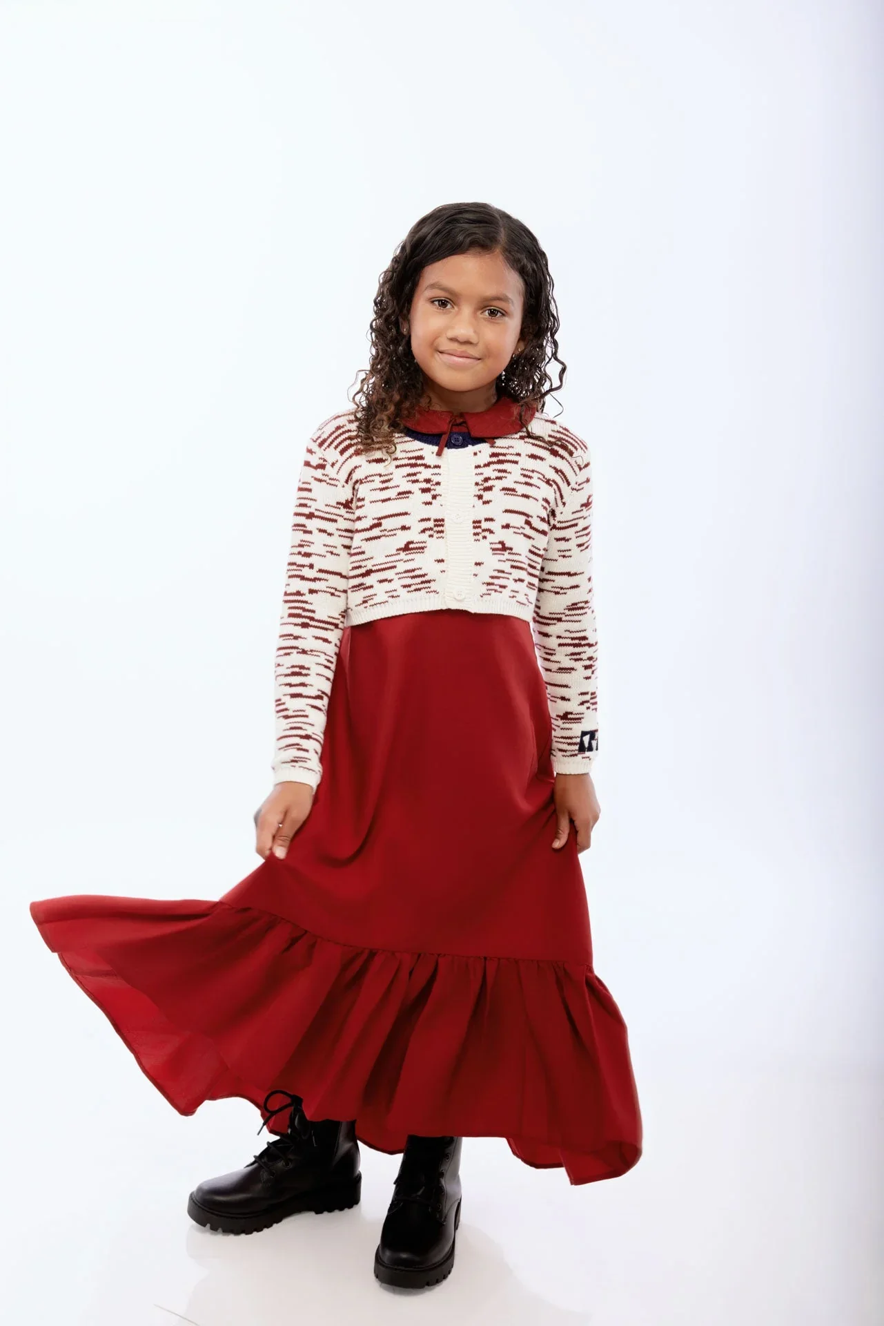 RETRO KID CREAM/BURGUNDY CHUNKY KNIT CROP CARDIGAN [FINAL SALE] - Image 2